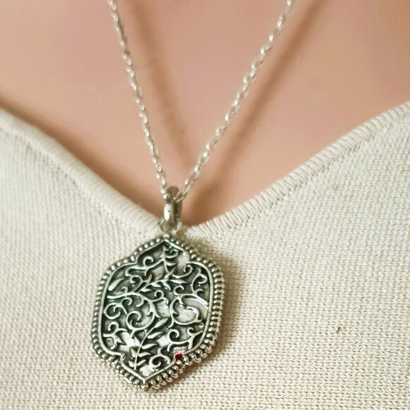 Silver Filigree Amulet Necklace 20" Double Sided Open Work Mandala Pendant - Picture 3 of 6